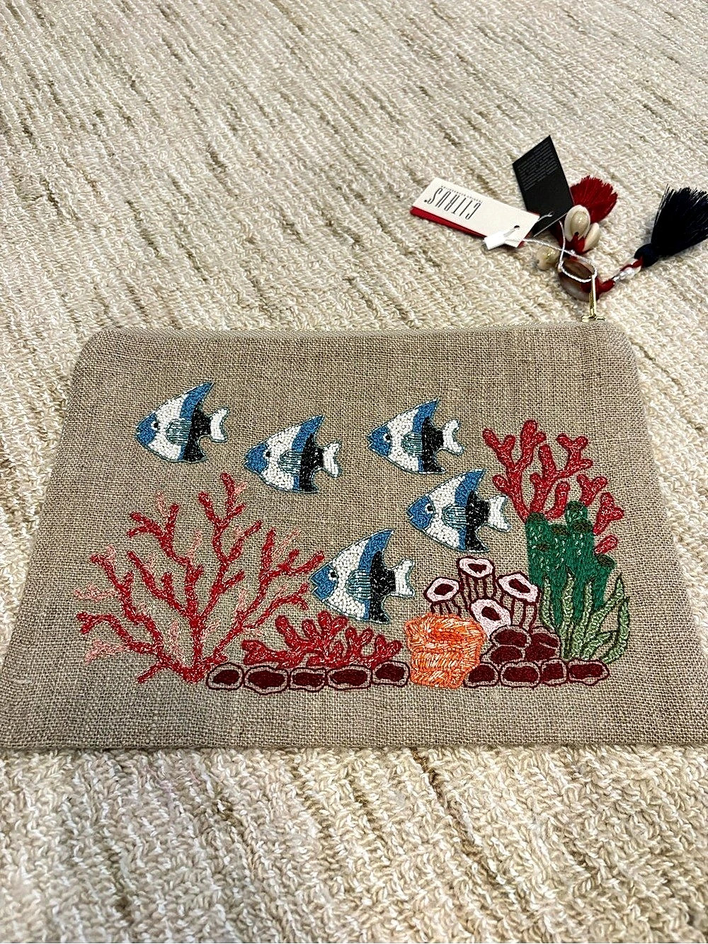 Citrus Embroidered Fish Cosmetic Pouch in Brown NWT